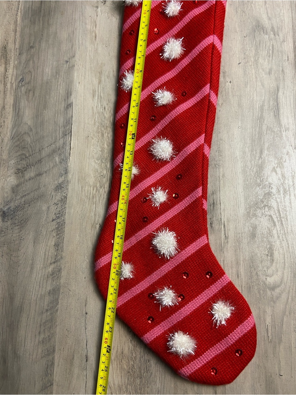 Red Pink Striped Holiday Stocking with Pom Poms and sequins - Picture 6 of 8
